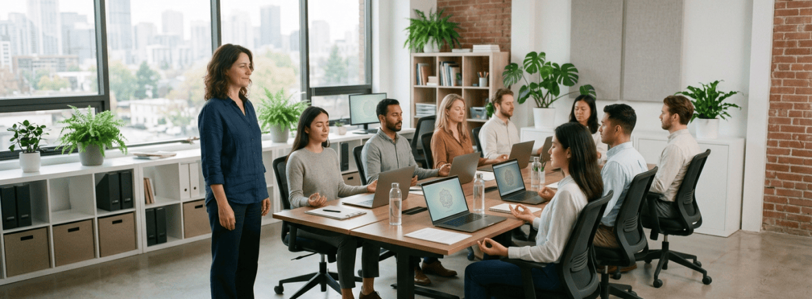 Diverse office team practicing mindfulness around a conference table